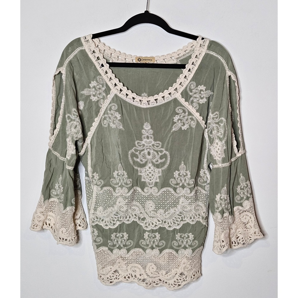 Democracy Boho Embroidered Crochet Lace Top Sage green Bell Sleeve Womens‎ Small